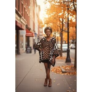 Boho Geometric Hooded Knit Poncho Cardigan | Black Camel Cream | Size Small